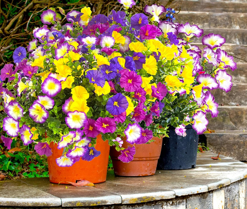 TSTWETO 12 Bundles Artificial Flowers for Outdoors Fake Plants Spring Decor, Realistic Fake Silk Flowers Colorful Morning Glory UV Resistant Faux Flowers for Porch Outside Planter Porch Patio Yard