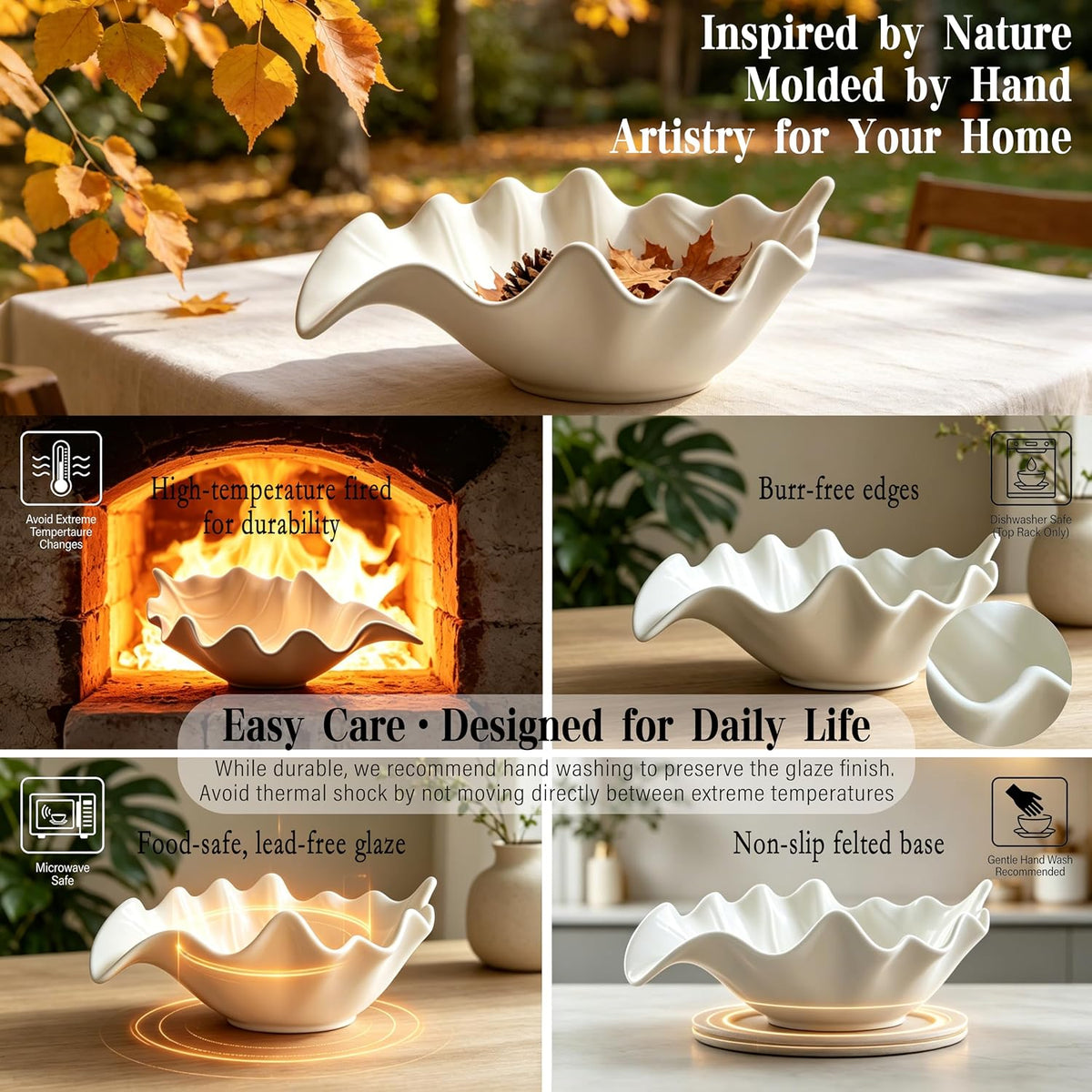 Premium 10.63'' Leaf Shaped Ceramic Bowl-Artisan Serving Decor Bowl,Fruit,Salad,Bread,Snack,key Bowl, Modern Farmhouse Dining Table Centerpiece, Kitchen Counter, Home Livingroom Decor-Birthday Gift
