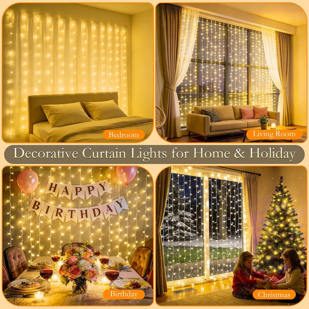 Curtain String Lights 300LED 9.8x9.8FT, Warm White, IP44, 9.8FT Lead