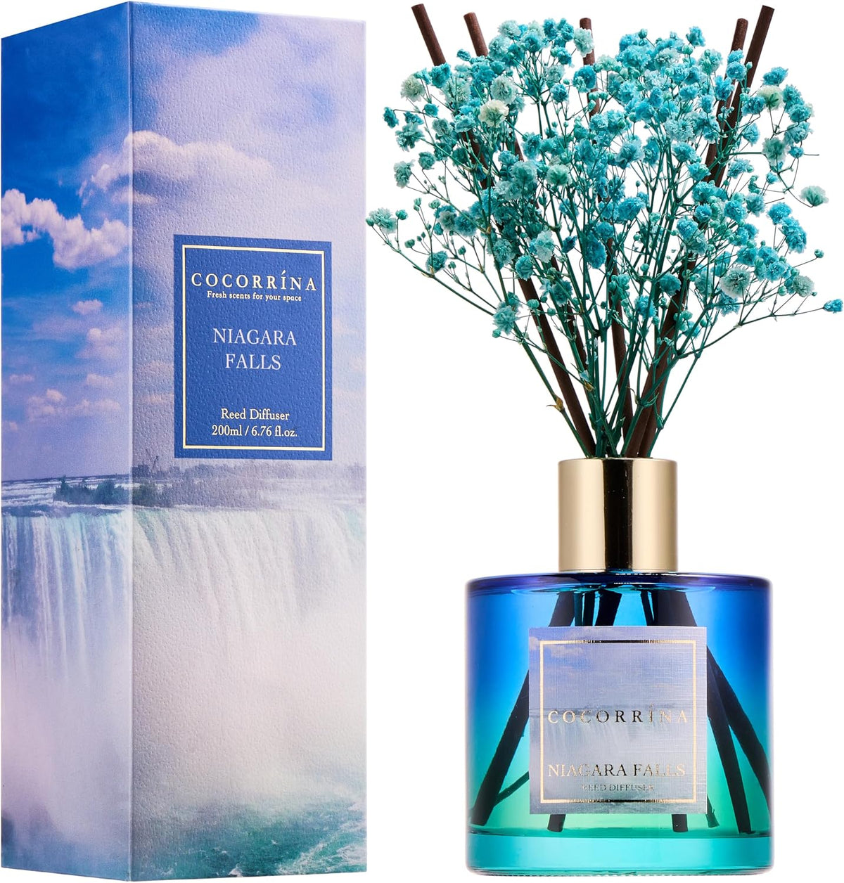 COCORRÍNA Reed Diffuser - Niagara Falls 6.7 Fl.oz Reed Diffuser Set with 8 Sticks & Preserved Baby's Breath, Reed Diffuser for Home Bathroom Shelf Decor