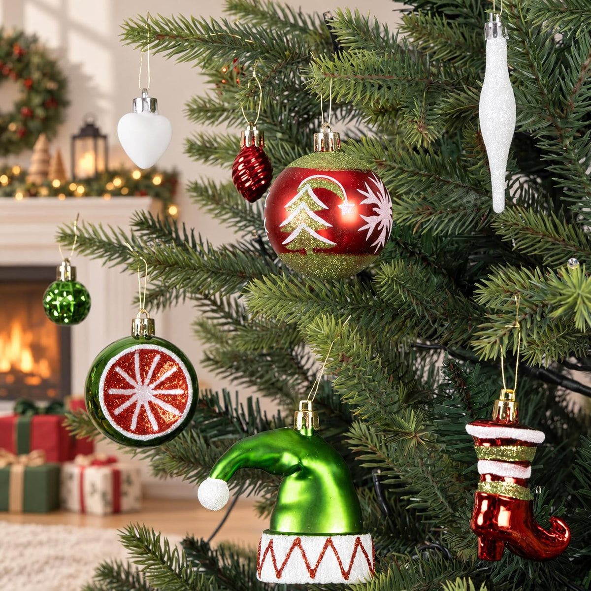 46PCS Christmas Ornament Set, Red, Green & White Tree Decorations