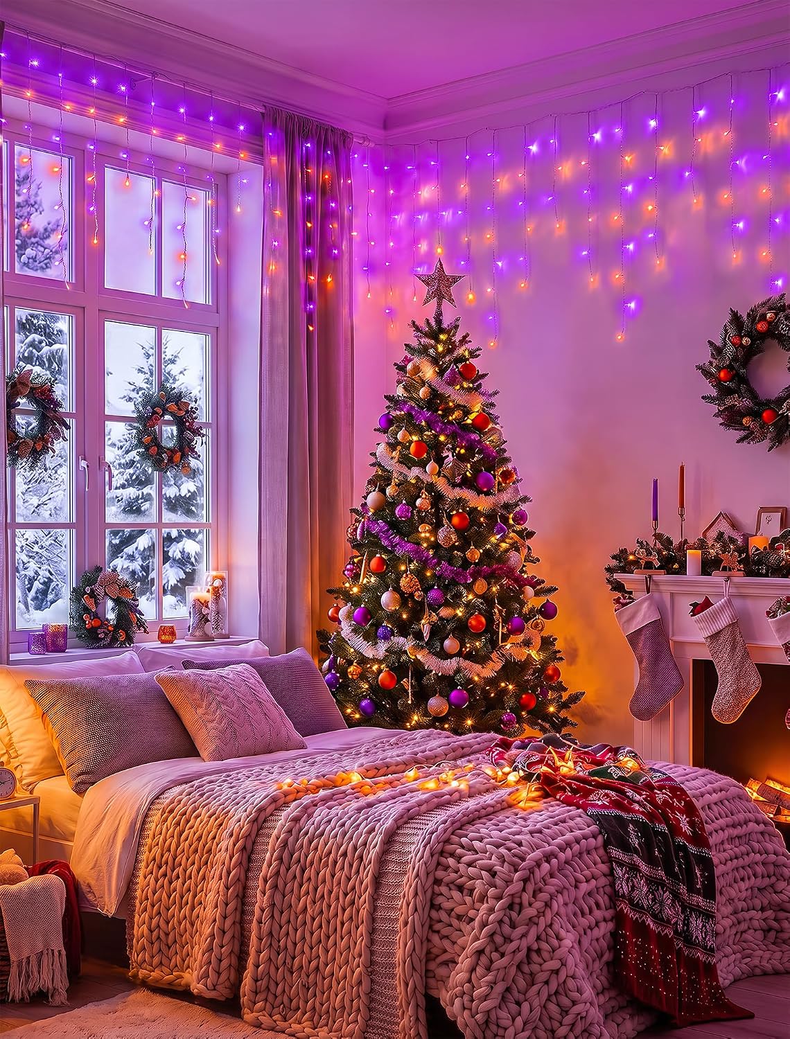Halloween Icicle Lights Outdoor,300 LED Purple and Orange Lights
