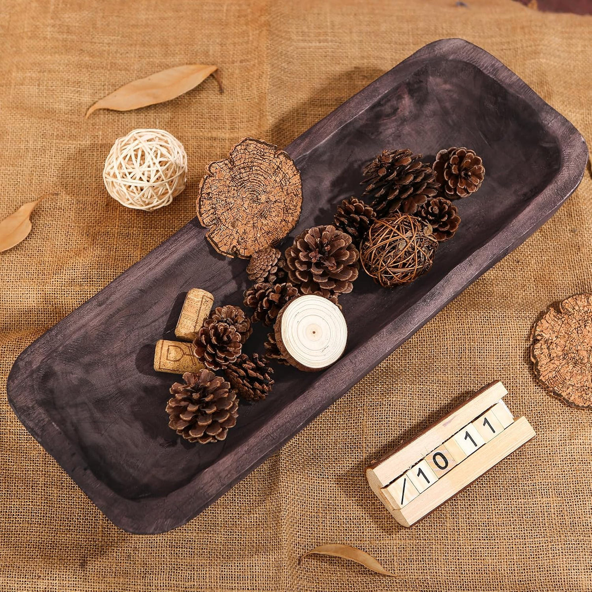 Wooden Dough Bowl - Vintage Oblong Natural Root Hand Carved Bowl for Home Decor, Rustic Farmhouse Centerpiece, 18.5x7.1x3.15 Inches