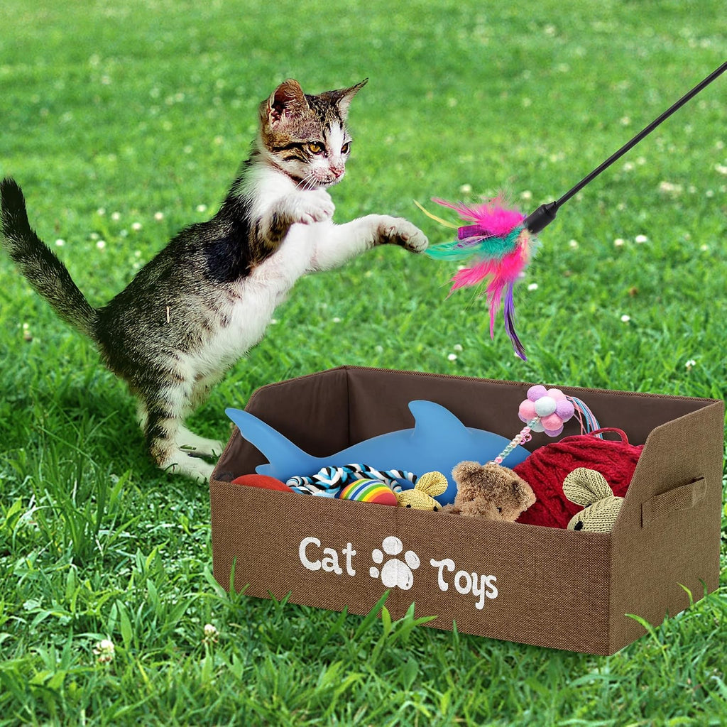 2X Thicker Large Cat Toy Bin - Collapsible Box, Sturdy Basket, Kitten Storage Bed for Organizing Toys, Treats, Clothes and Accessories (Brown)