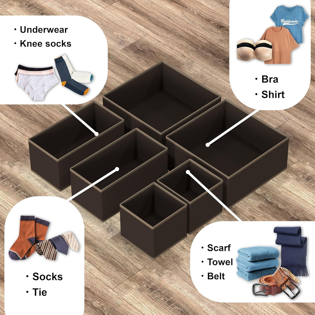 Simple Houseware Underwear Drawer Organizer, Set of 6, Brown