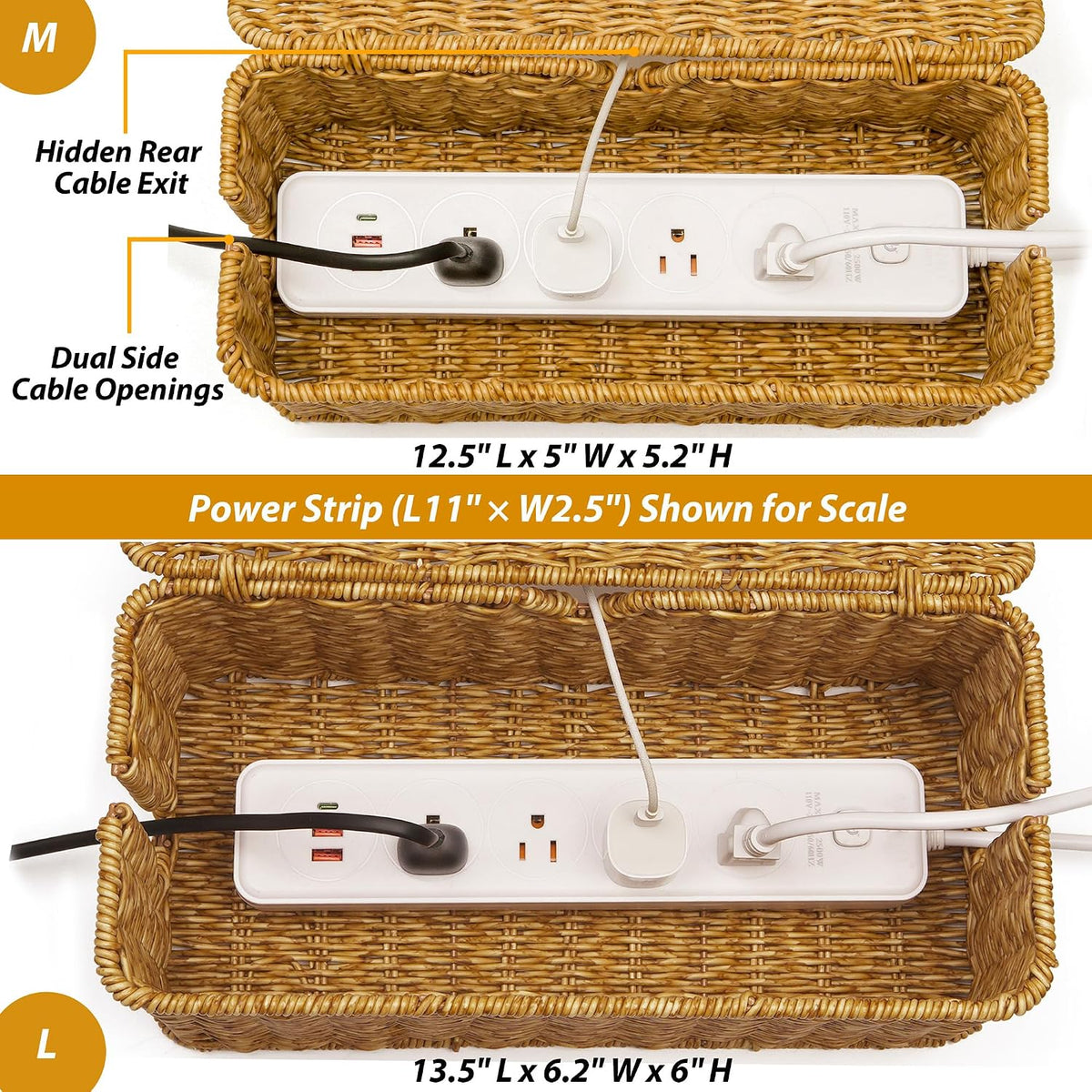 ZhiYo Rattan Cable Management Box, Cord Organizer, Nature, 12.5"x5"x5.2"