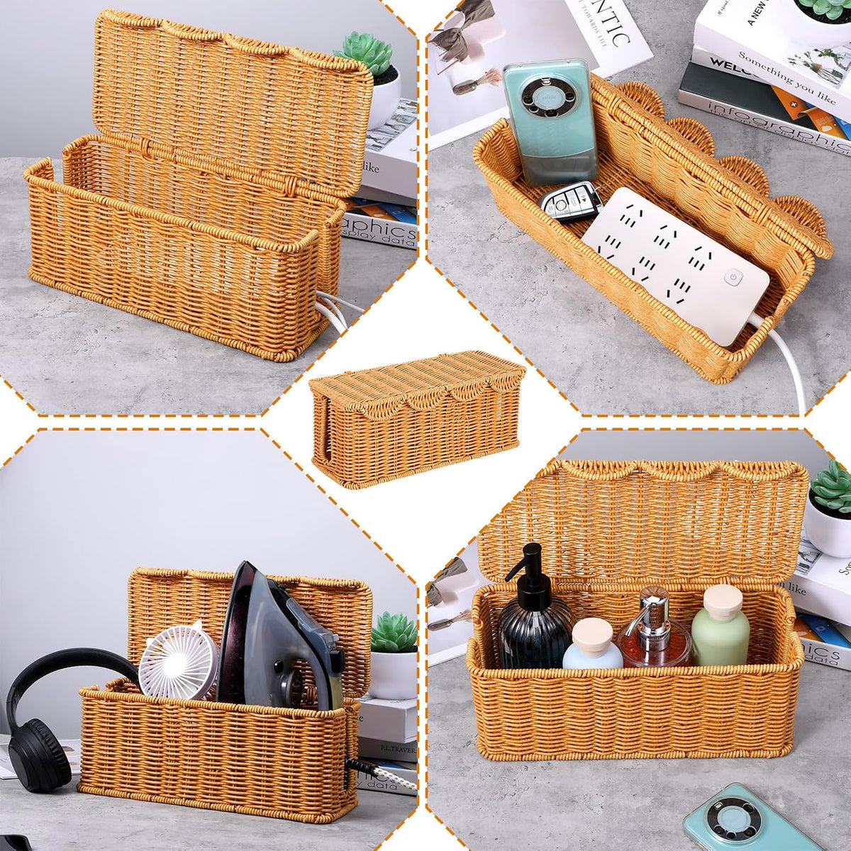 Large Rattan Cable Management Box, Handwoven Cord Hider Box with Lid, 2-Slot Under Desk Organizer for Power Strip, TV Wires, Computer Router & USB Hub, 11.8" x 5.1" x 5.1"