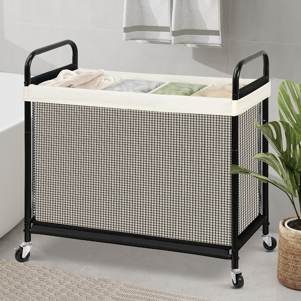STO STO Laundry Hamper 4 Section, 140L Rolling Laundry Sorter Cart with Removable and Washable Liner Bag, Clothes Hamper with Wheels and Metal Handle for Laundry Room and Bedroom, Beige