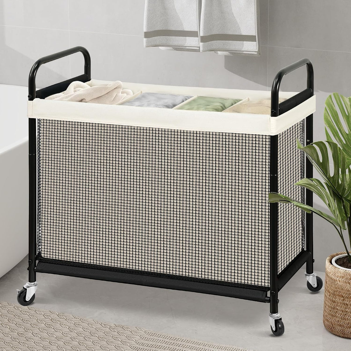 STO STO Laundry Hamper 4 Section, 140L Rolling Laundry Sorter Cart with Removable and Washable Liner Bag, Clothes Hamper with Wheels and Metal Handle for Laundry Room and Bedroom, Beige