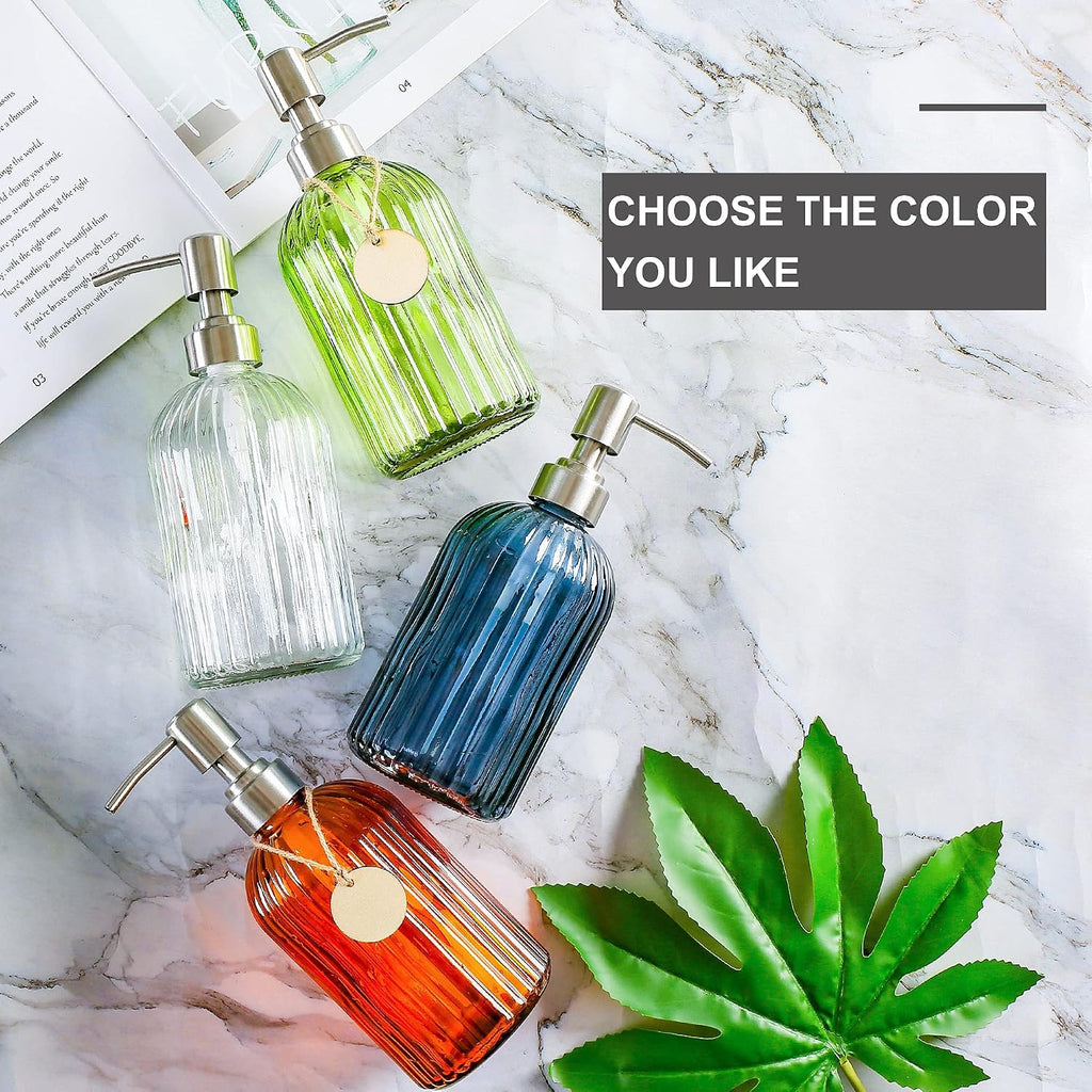 MOCLIF 16 OZ Soap Dispenser，Tempered Glass Clear Vertical Stripe with 304 Rust Proof Stainless Steel Pump Refillable Liquid Hand Soap Dispenser，for Bathroom, Kitchen, Dish Soap，Lotion (Clear)
