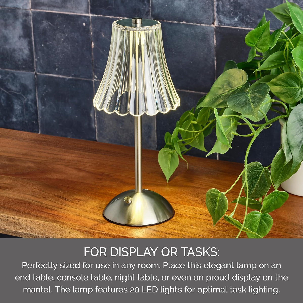 Elements 11.8-Inch Silver Rechargeable LED Table Lamp with Touch Control - 3 Color Temperature Settings, Stepless Dimming, Metal Construction with Acrylic Shade, USB-C Charging, 1200mAh Battery