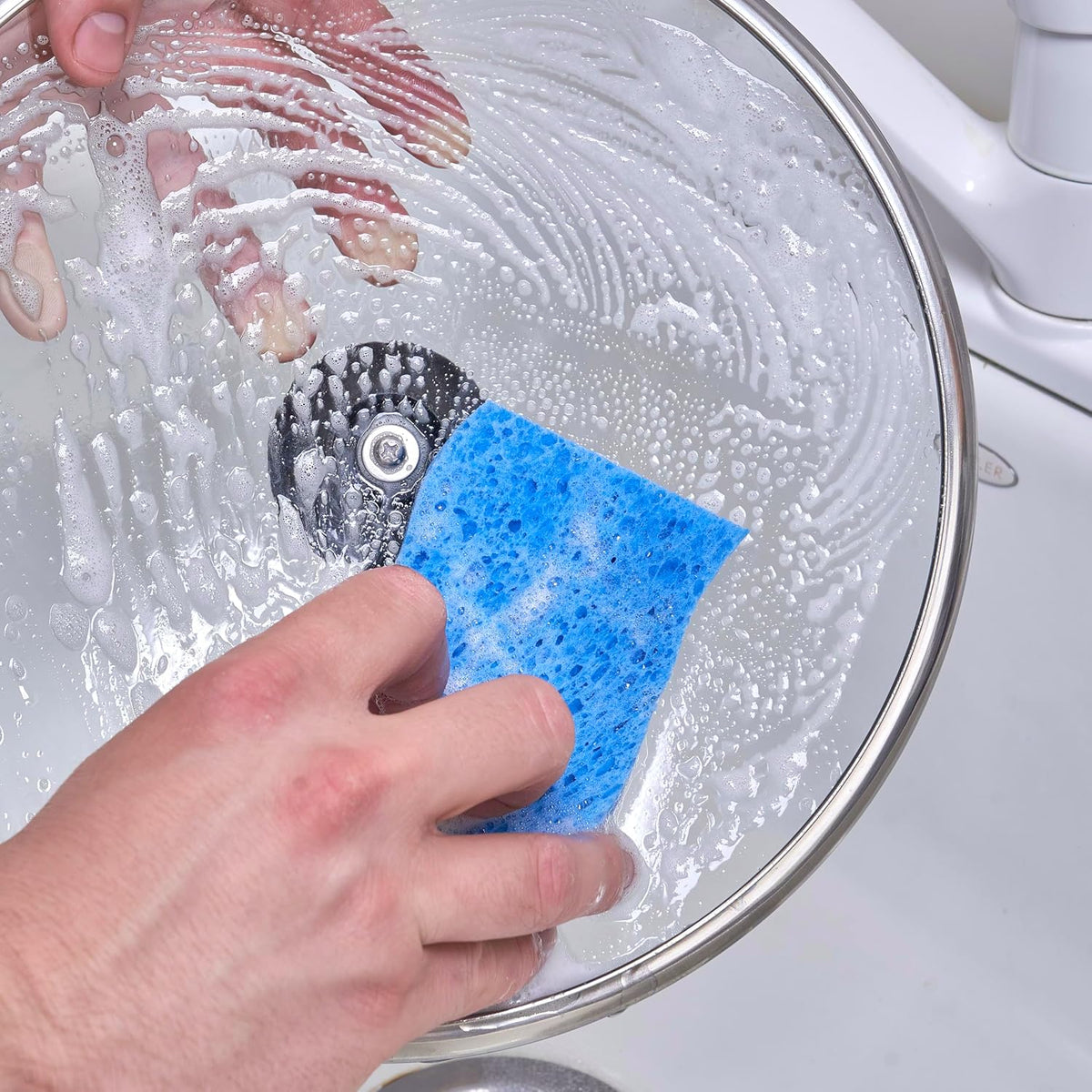 Superio Non-Scratch Cellulose Sponge Kitchen Scrub Sponges with Scouring Pad Set, Good for Non-Stick Cookware Frying Pan, Pot, Counter Top, Sink Scrubbing, Kitchen Scrubbers, Pack of 3, Blue