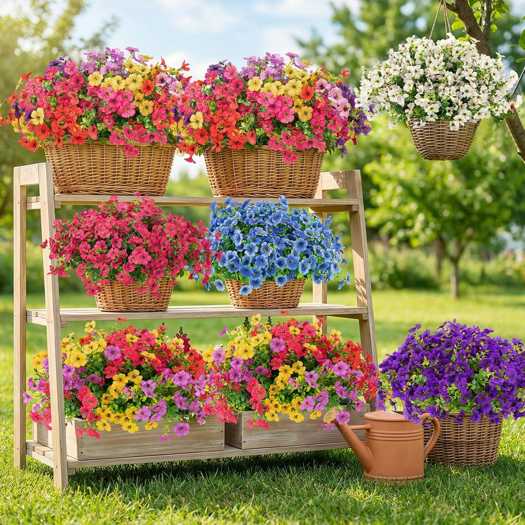 12 Bundles Artificial Flowers for Outdoors, Fake Silk Plastic Flowers for Outside, UV Resistant Faux Plants for Outside Garden Porch Window Home Planters Decoration (6 Multicolor)