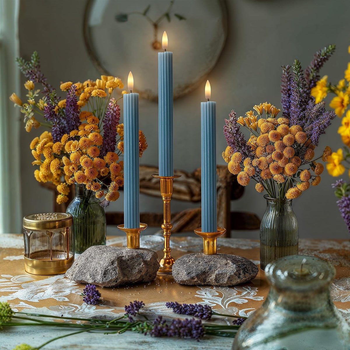 12 Pack, 10" LED Flameless Blue Fluted Ribbed Grooved Taper Candles with 2 Remotes & 24h Timer Memory, On/Off Button, Dimmable, Flicker Mode, Battery Operated, Christmas Menorah Wedding