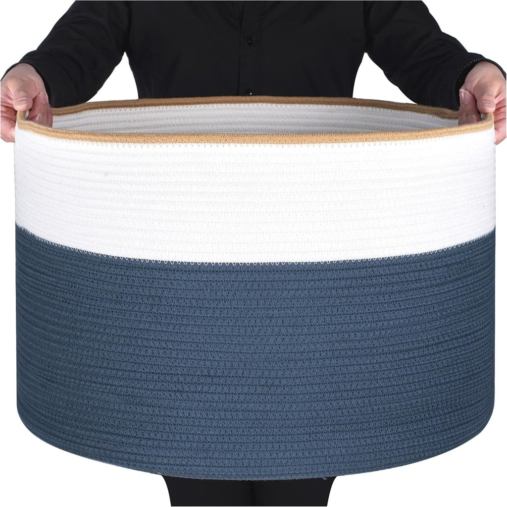 MINTWOOD Design Extra Large 22 x 14 Inches Decorative Woven Cotton Rope Blanket Storage Basket Bin Living Room and Laundry Hamper for Pillows, Pool Towels, Dog Toys, Shoes, Prussian Blue