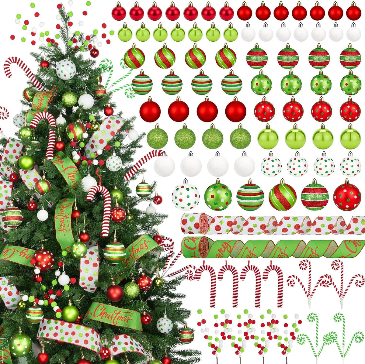 88 Pcs Christmas Tree Ball Ornaments Set, Red Green White