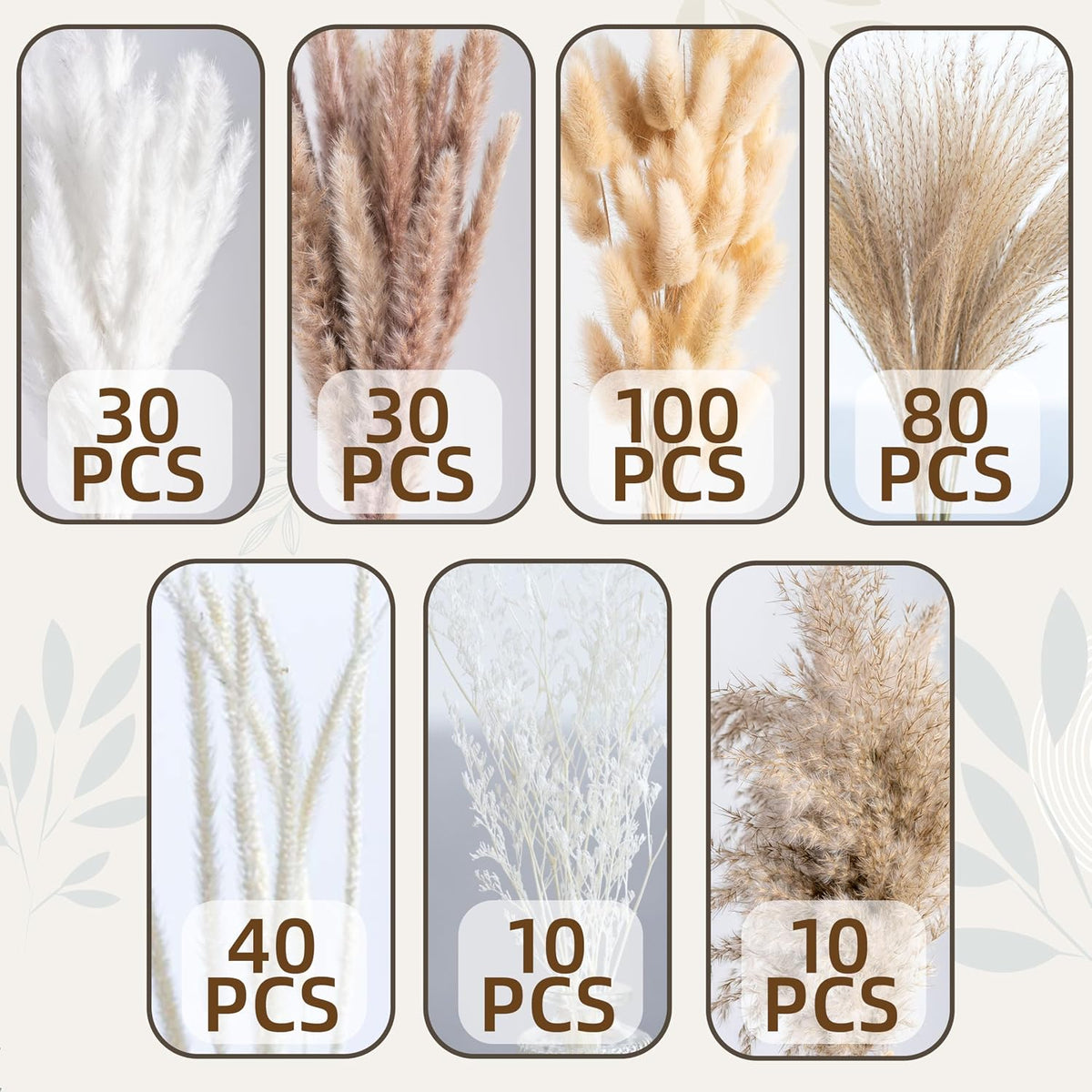 300PCS Natural Pampas Grass Mix Bouquet | Dried Pampas Bouquet for Wedding Boho Flowers Home Table Decor Desk Decor, Rustic Farmhouse Decor (300PCS)