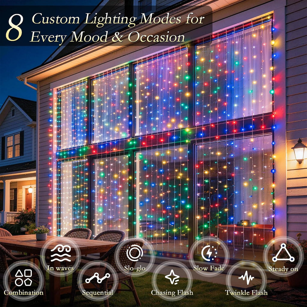 Curtain String Lights 300LED 9.8x9.8FT, Multicolor, IP44, 9.8FT Lead