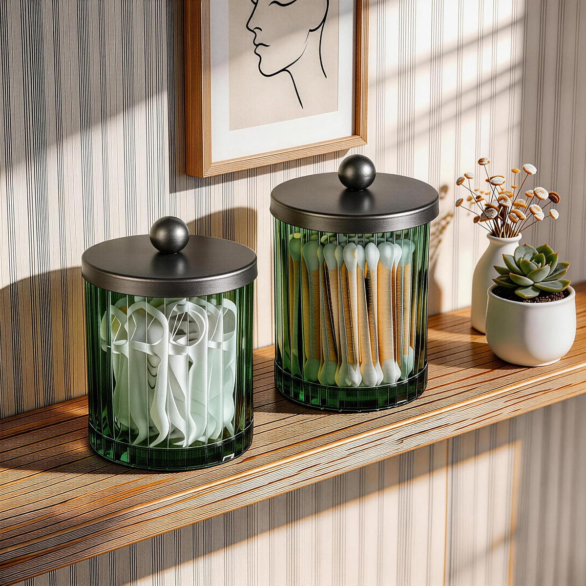 Amolliar Green Glass Qtip Holder Apothecary Jar Metal Lid (Bronze 4 Pack)