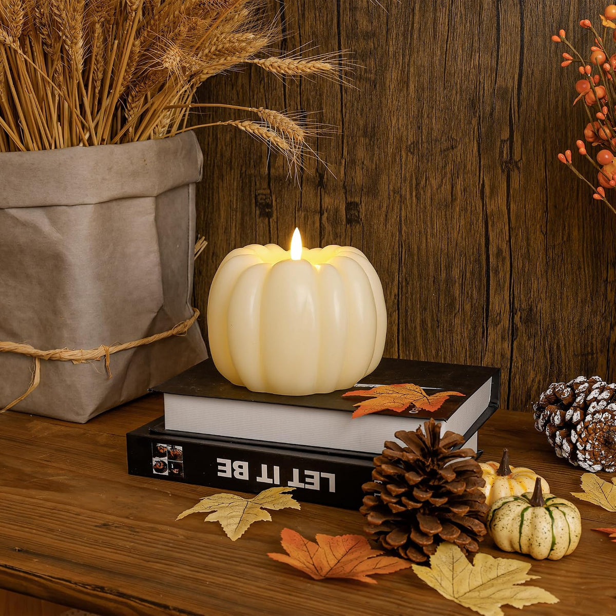 JOIONE Fall Flameless Ivory Pumpkin Candle with Remote, Halloween Decor
