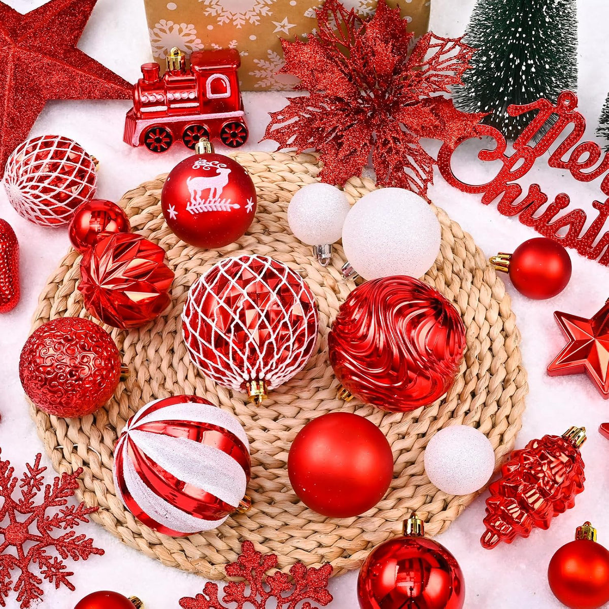 Ktinnead 94 Pcs Christmas Tree Decorations Set, Red Shatterproof Christmas Tree Hanging Ball Ornaments with Glitter Poinsettia Flowers Decorations Berries Snowflakes for Xmas Party Holiday Wedding
