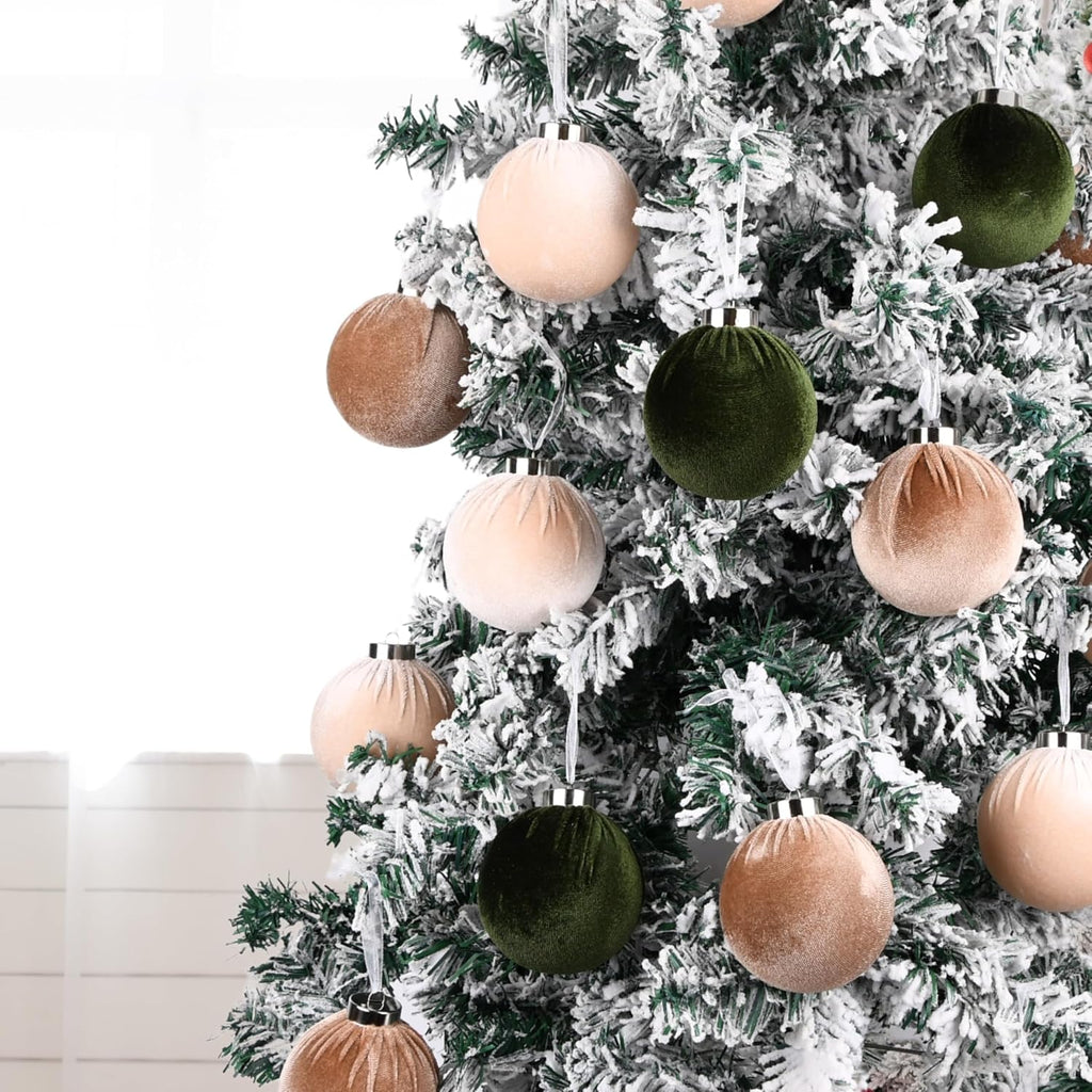 Christmas Tree Ornaments Velvet Balls - Pack of 15pcs Shatterproof Xmas Bulbs Decorations Set - Multicolor Green Brown Neutral, 80mm 3.15 inch