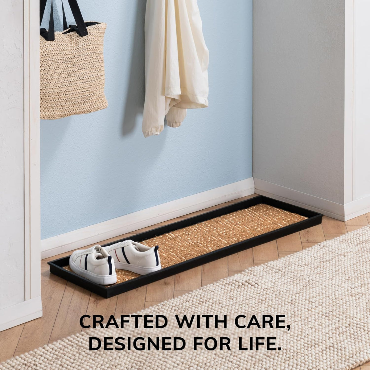 Anji Mountain Heavy Duty Waterproof Rubber Shoe Storage Mat Organizer/Boot Storage Multi Use for Entryway with Coir, Tan and Khaki Insert, Fits 4 Pair (46.5" Wide)
