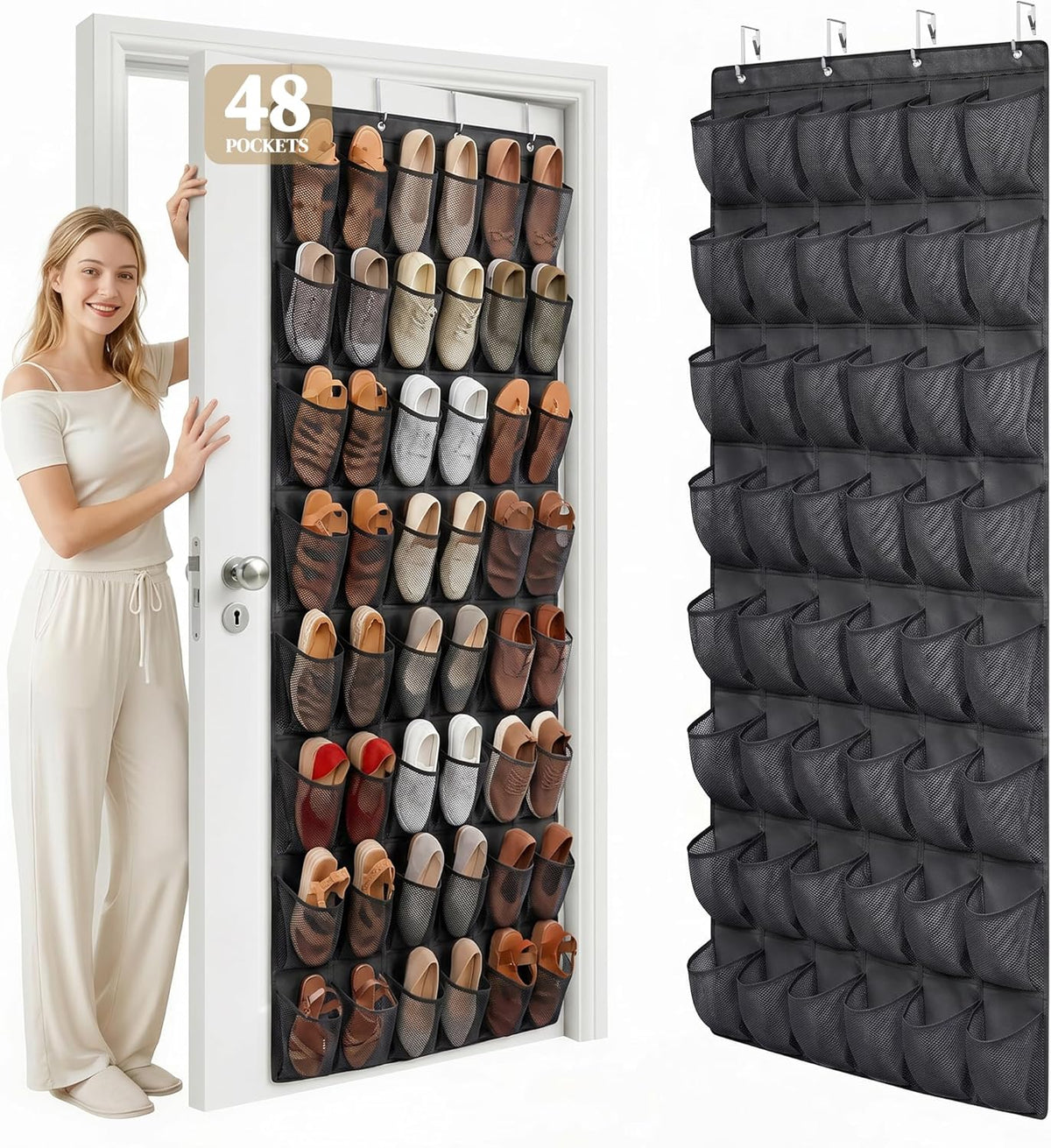 48 Pockets Over the Door Shoe Organizer, Fits Women's Shoes Up to US Size 9, 6-Column Heavy Duty Shoe Storage for Sneakers & Heels, Mesh Hanging Rack for Entryway, Bedroom & Dorm, Black