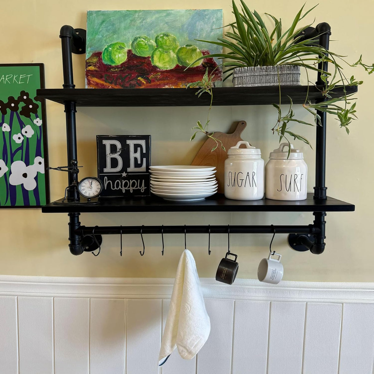 ROGMARS Industrial Pipe Shelving Pine Wood Black Floating Shelves for Wall