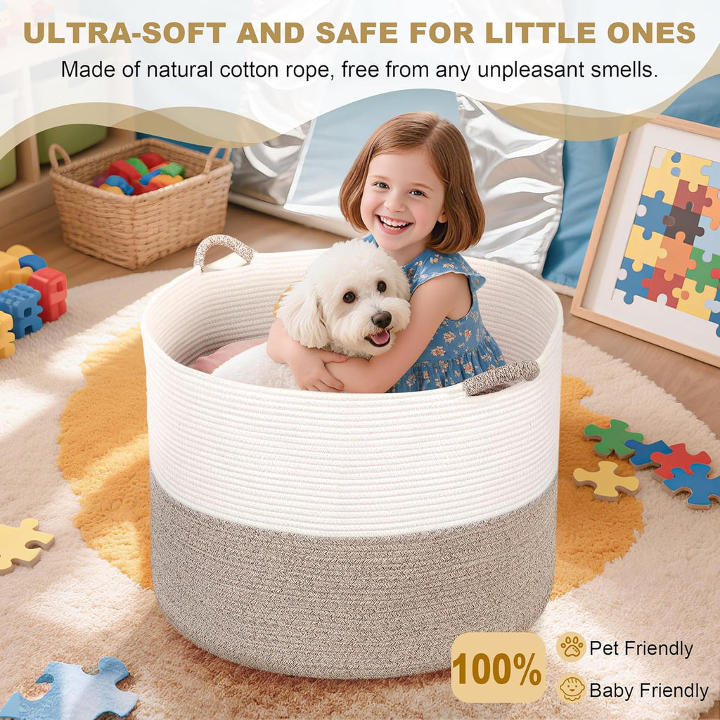 XXXXL 125L Extra Large Blanket Basket, 24.8" x 16" Jumbo Woven Basket (Includes 2 Cute Baskets), Cotton Rope Basket with Handle for Living Room, Baby Toys Nursery, Laundry (White/Gradient Brown)