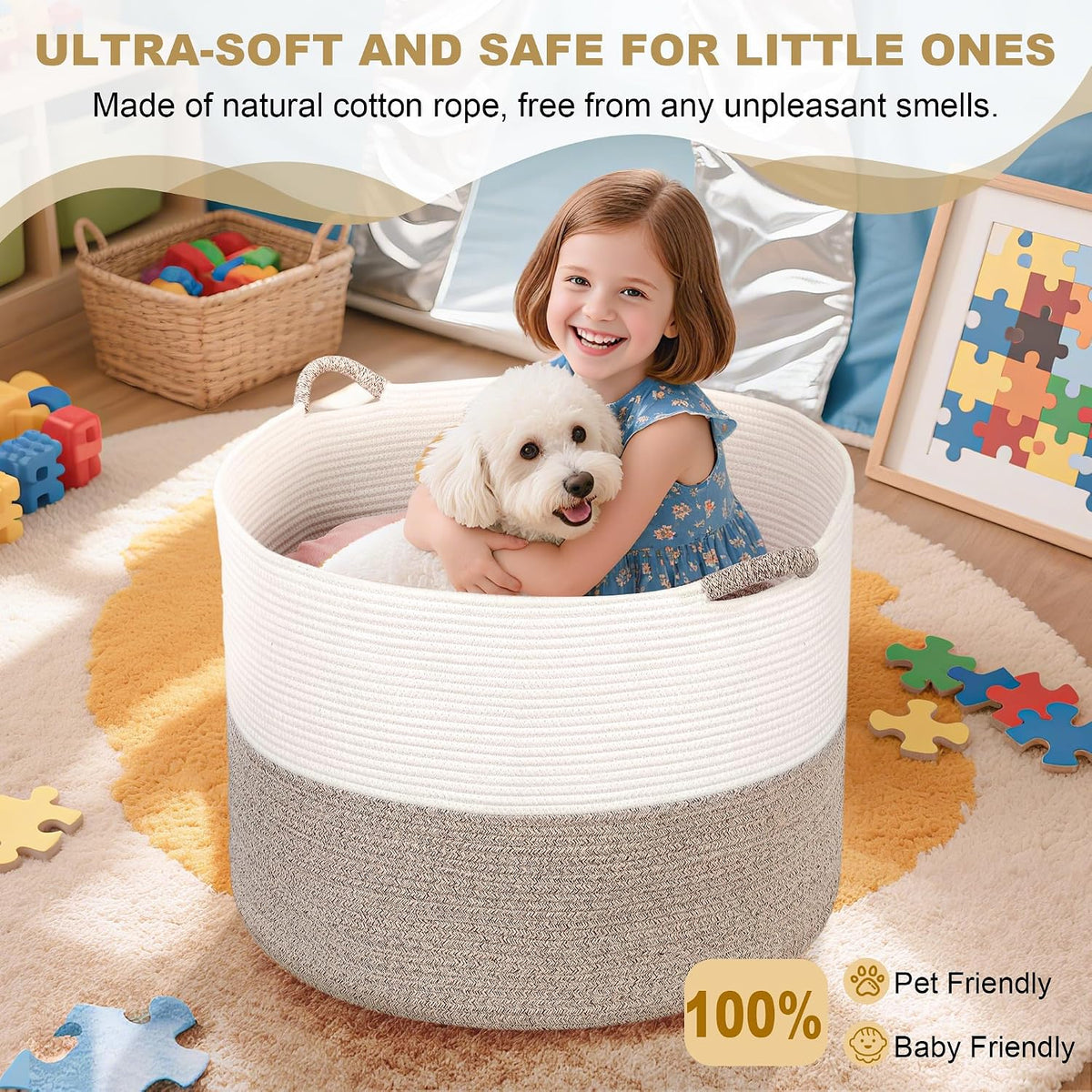 XXXXL 125L Extra Large Blanket Basket, 24.8" x 16" Jumbo Woven Basket (Includes 2 Cute Baskets), Cotton Rope Basket with Handle for Living Room, Baby Toys Nursery, Laundry (White/Light Grey)