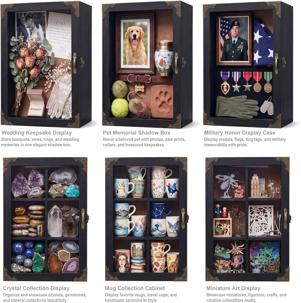 Shadow Box Frame 12x16 with Glass Door, 4.7" Overall Depth Black Solid Wood Display Case with Removable 6-Grid Shelves, Vintage Metal Corner Guards, Handle & Lock, Extra Deep Shadow Box for Medals