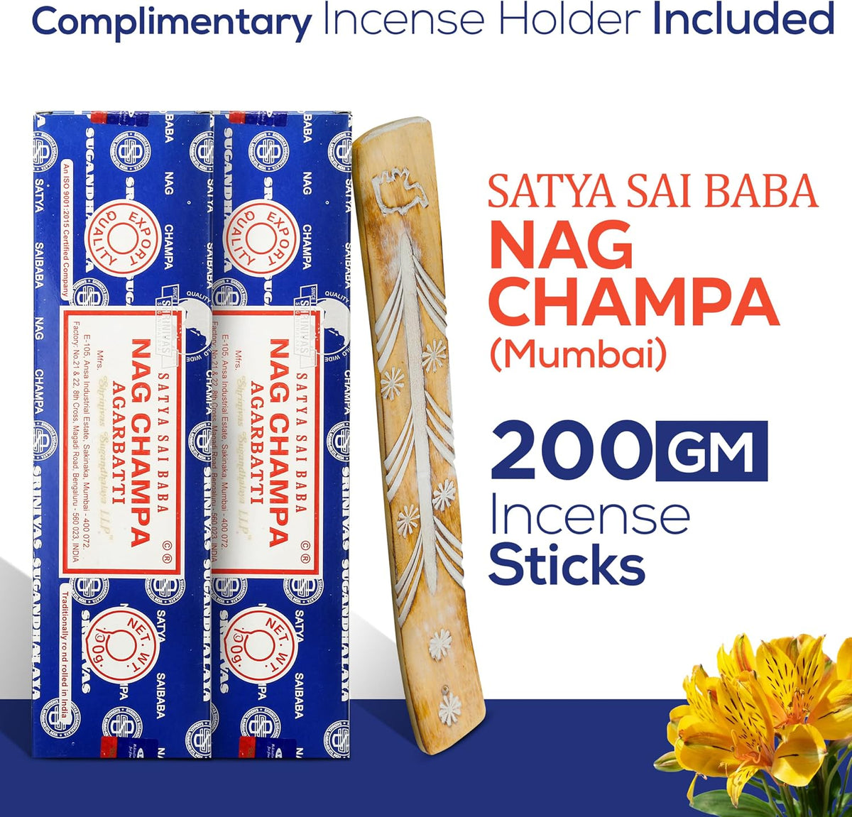 Satya Nag Champa Incense Sticks 100 gmx 2 Pack (200 GMS), Satya Insenses with Raajsee Incence Holder Bundle, Nag Champa Natural Insence