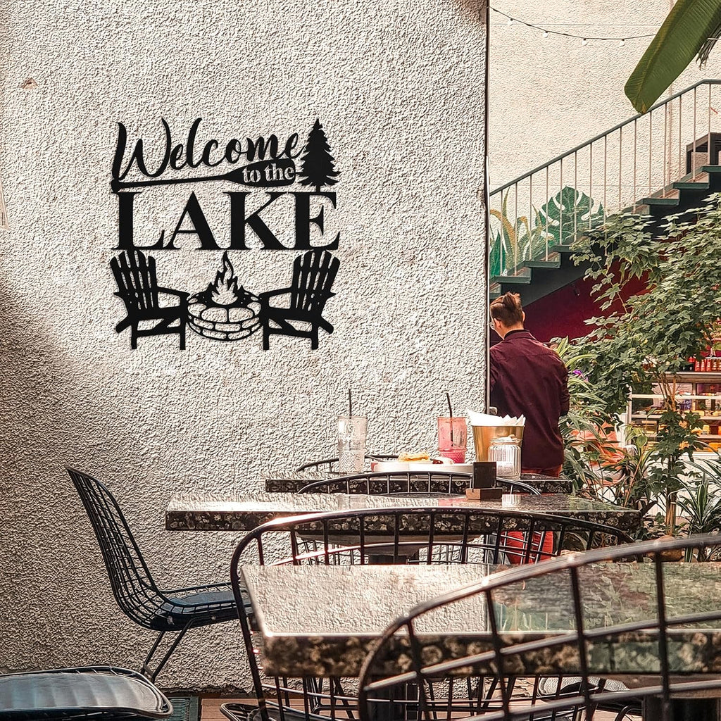 Hnatzu Welcome to The Lake Wall Art,Rustic Lake Life Metal Decor for Cabin or Porch,Vintage Style Housewarming Gift for Lake Home Owners