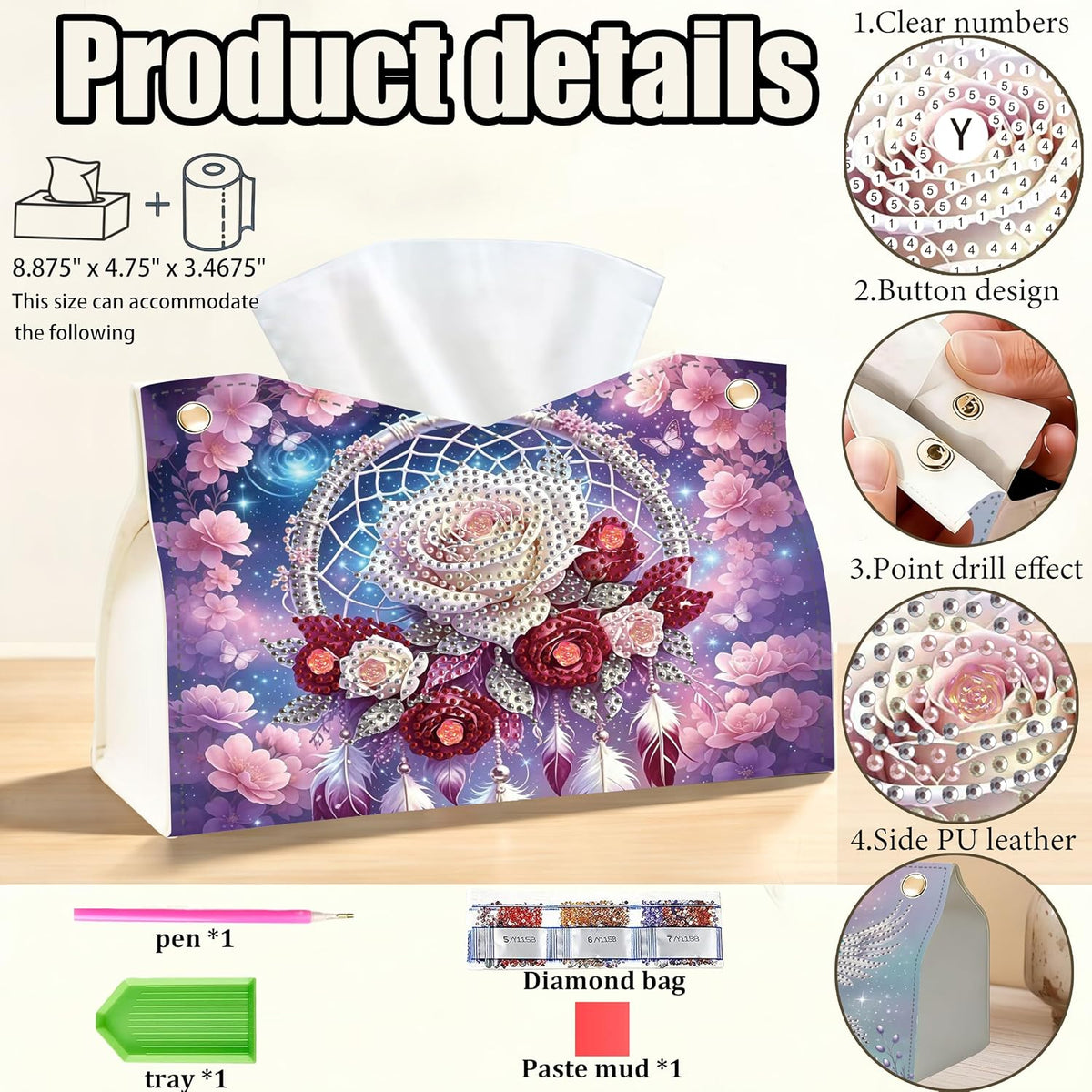 NCMCDZS Diamond Painting Tissue Box Cover,9.44x9.05x6.29in, 1 Pack