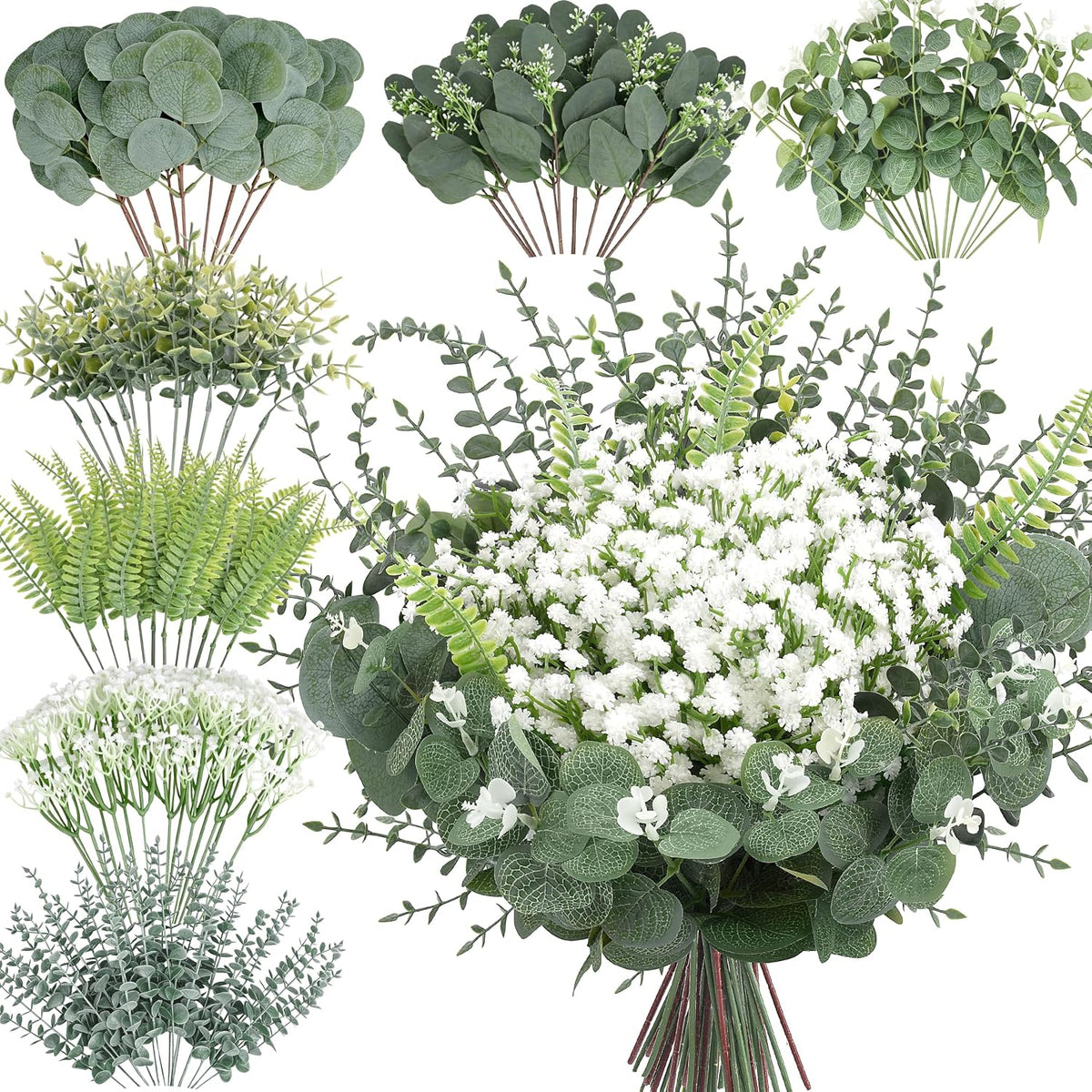 150 Pcs 7 Kinds Mixed Artificial Eucalyptus Leaves Stems Bulk, Fake Greenery Plants Faux Silver Dollar Leaves Babys Breath Flowers for Vase Bouquet Floral Arrangement Centerpiece Home Decor