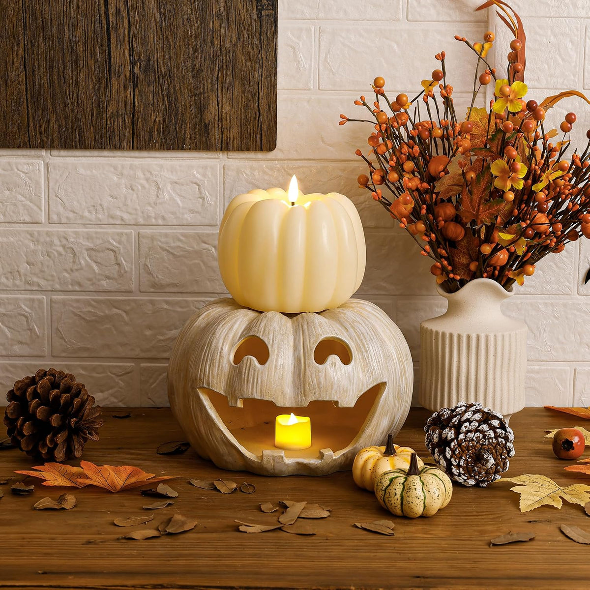 JOIONE Fall Flameless Ivory Pumpkin Candle with Remote, Halloween Decor