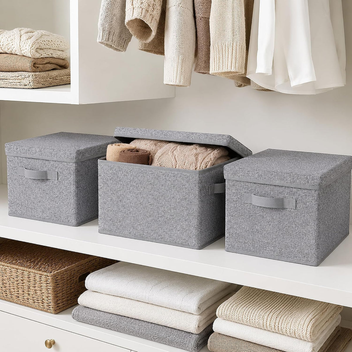 WUIKE Storage Bins with Lids, Decorative Boxes, Ash Gray, Large, 3-Pack