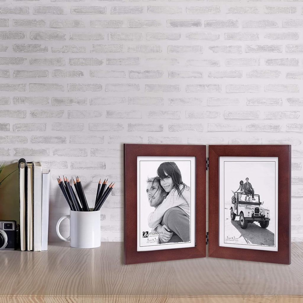 Malden Double Vertical 5x7 Picture Frame - Wide Real Wood Molding, Real Glass - Dark Walnut