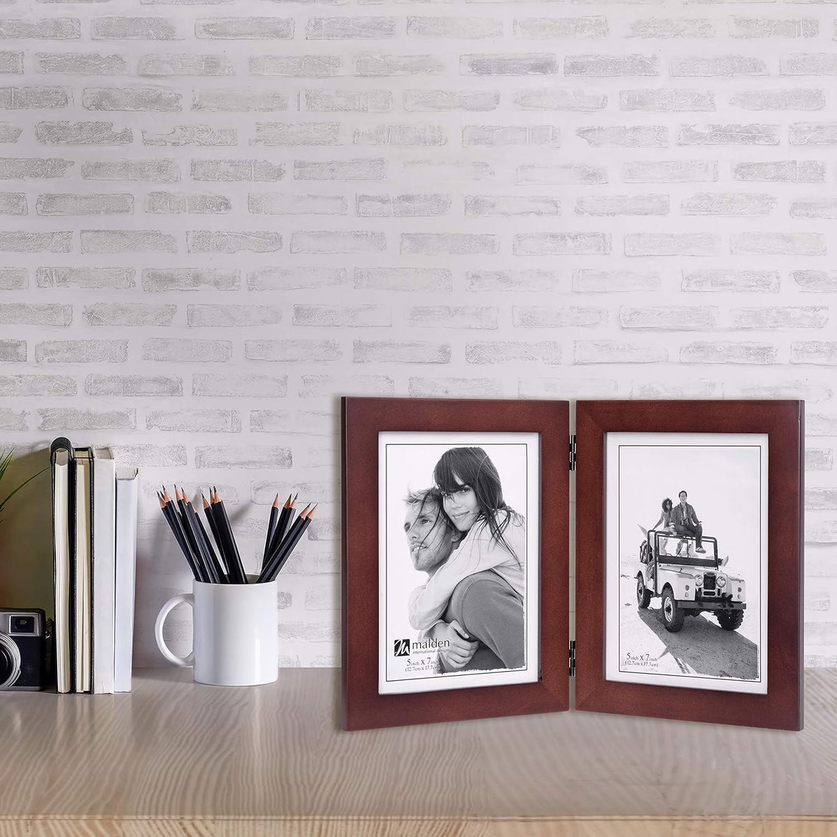 Malden Double Vertical 5x7 Picture Frame - Wide Real Wood Molding, Real Glass - Dark Walnut