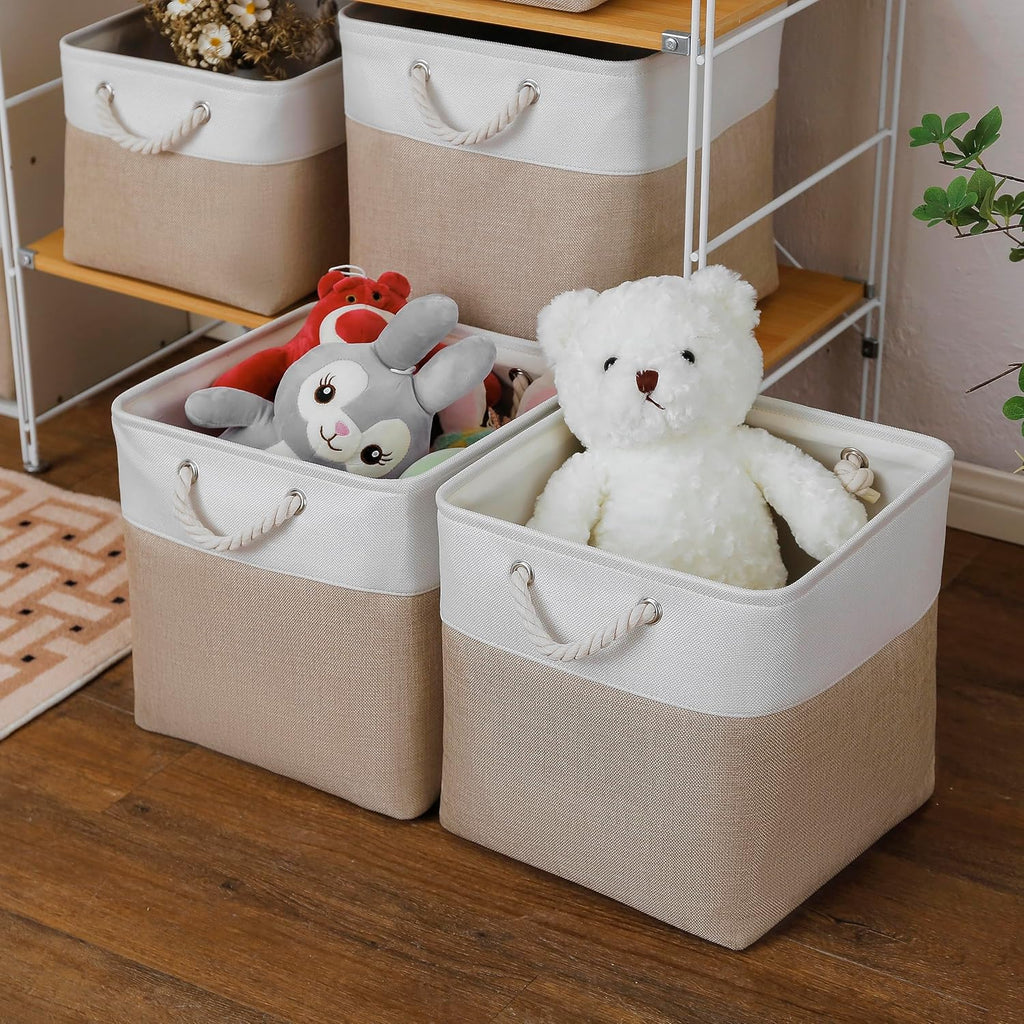 MidmmVick 13 x 13 Inch Cube Storage Bins, 4 Pack Large Collapsible Fabric Storage Bin with Ropes, Foldable Storage Cubes for Home, Office,Closet, Clothes, Toys Organizer (White & Beige)