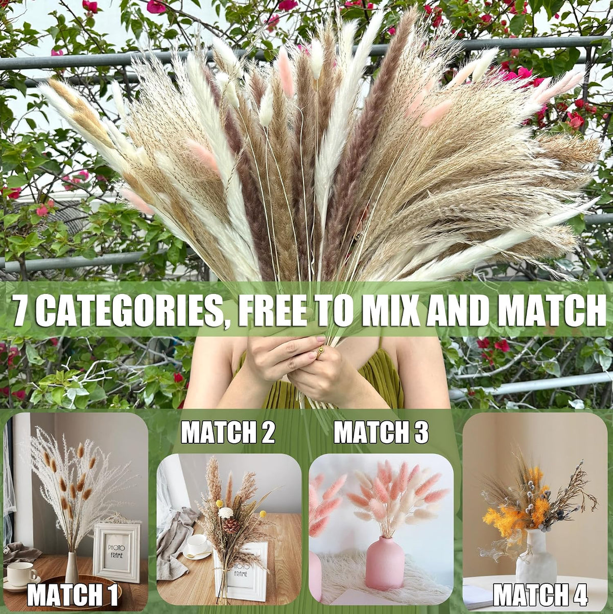 Dried Pampas Grass Decor 107 pcs Boho Home Decor 17 Inch Natural Dried Flower Bouquets, 7 Varieties Per Bouquet, Boho Style, Typically Used for Weddings, Baby Showers, Homes, Rustic Parties and More