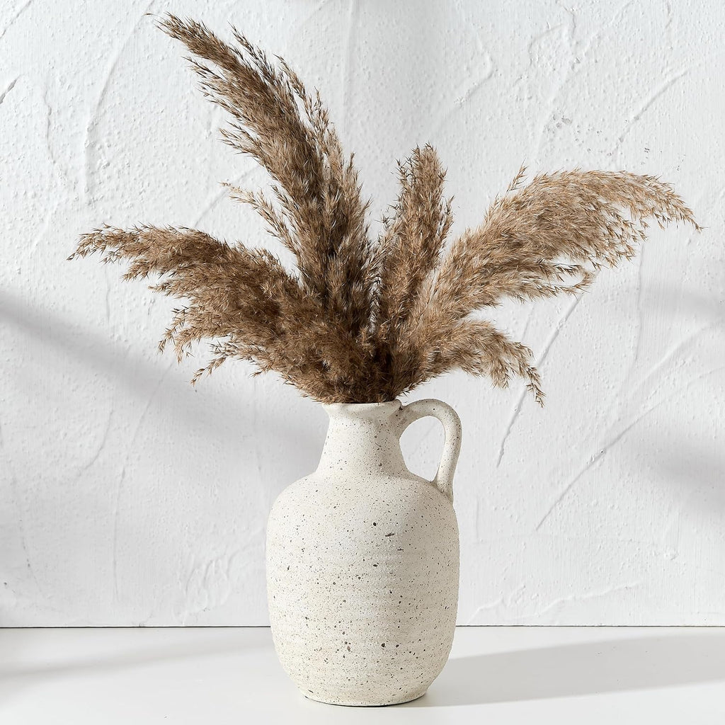 SIDUCAL Rustic Ceramic Farmhouse Flower Vase with 1 Handle-Height 8.43" Terracotta Vase, Unique Textured Pottery Flower Vases for Home Decor, Table, Wedding, Living Room, Shelf Decor, Speckled White