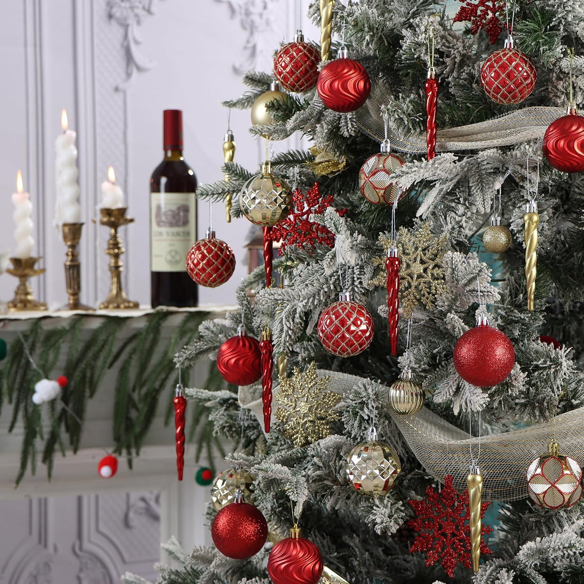 101Pcs Red and Gold Christmas Ball Ornaments Set with Topper, Assorted Shatterproof Christmas Tree Decoration Classic Theme Hanging Ornaments for Xmas Tree/Holiday/Party/Home Decor