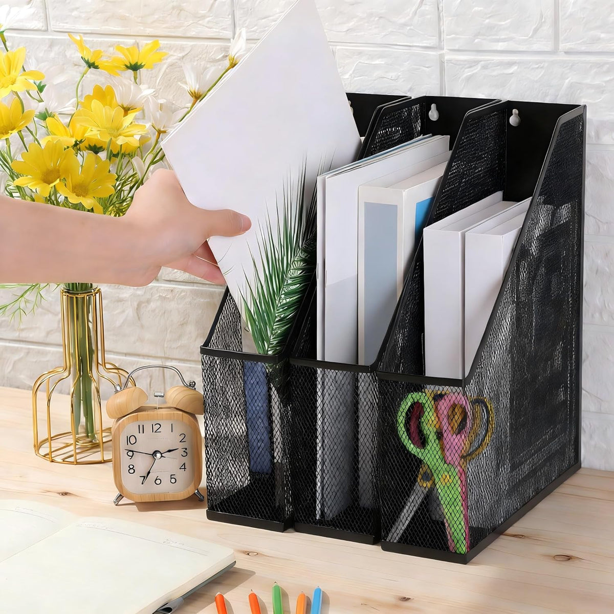 Sliner 4 Pack Metal Magazine Holder Black Mesh Steel Document Rack 1 Section File Organizer Extra Wide Magazine Folder Storage Desk Tidy for Office Home, 12.6”x 9.8”x 3”