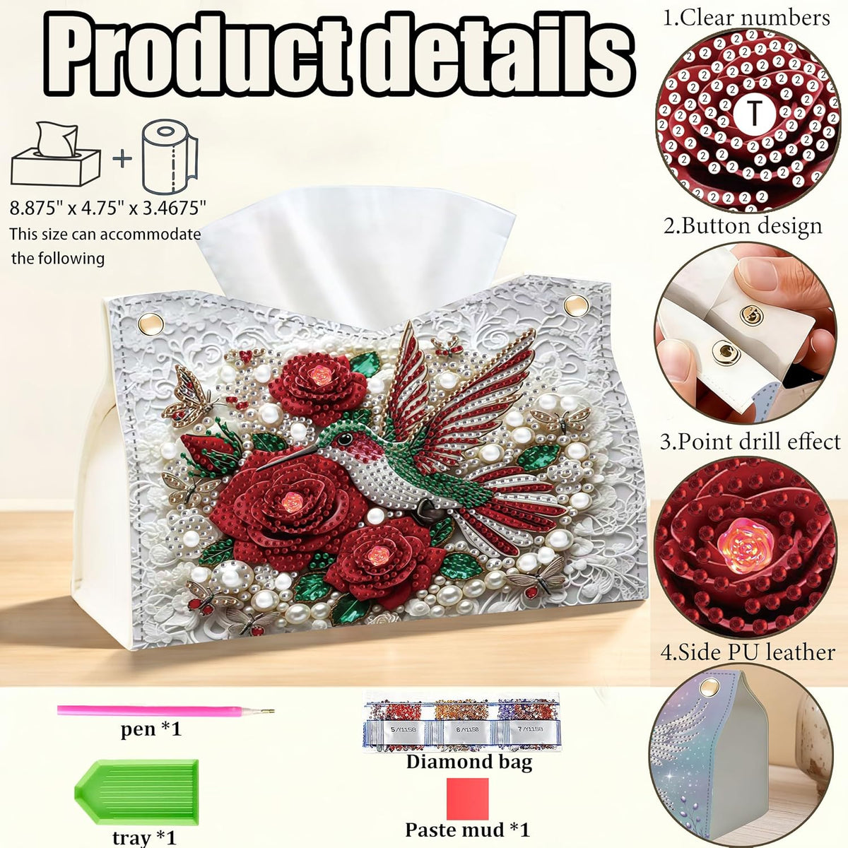 NCMCDZS Diamond Art Tissue Box Cover,9.44x9.05x6.29in,1 Pack