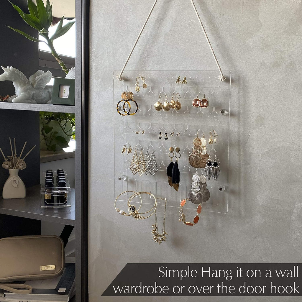 Earring Holder for Wall Hanging Jewelry Organizer Display Acrylic Hanger Rack with 96 Holes, 6 Hooks for Necklaces, Bracelets (Accessories are not included)