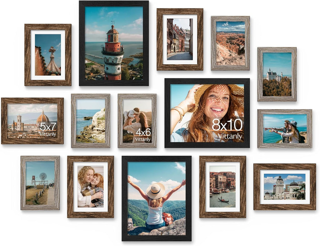 Vittanly 15 Pack Gallery Wall Frame Set, Black, Brown, Dark Grey