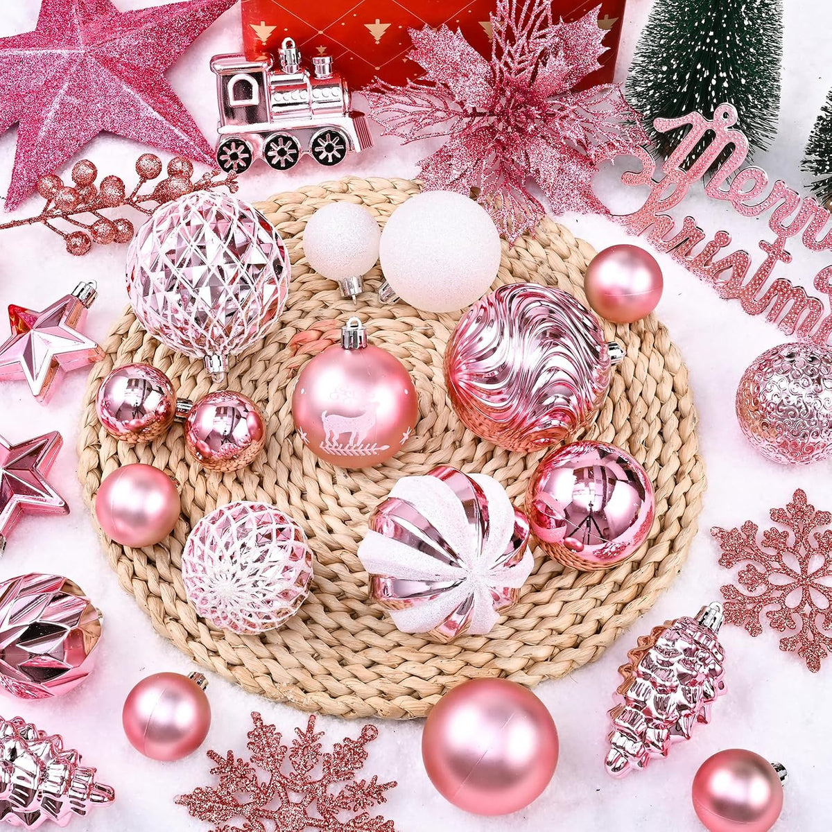 Ktinnead 94 Pcs Christmas Tree Decorations Set, Pink Shatterproof Christmas Tree Hanging Ball Ornaments with Glitter Poinsettia Flowers Decorations Berries Snowflakes for Xmas Party Holiday Wedding