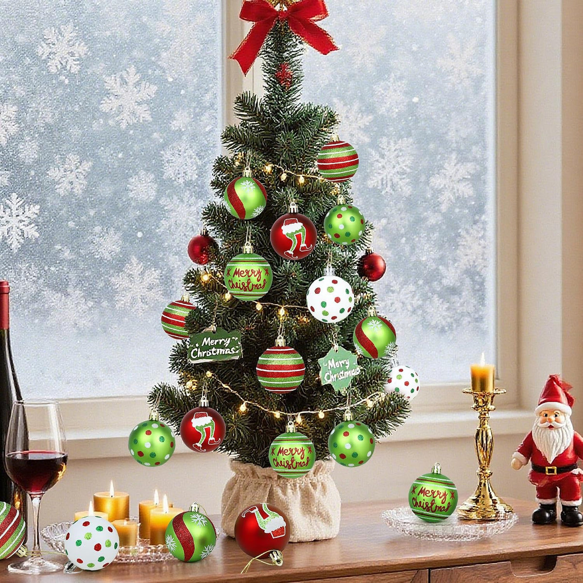 24Pcs 2.4 Inch Christmas Ball Ornaments for Tree, Glittering Red Green White Elf Bulbs Set for Christmas Tree Decorations, Plastic Shatterproof Hanging Ornament Xmas Baubles for Home Party Decor